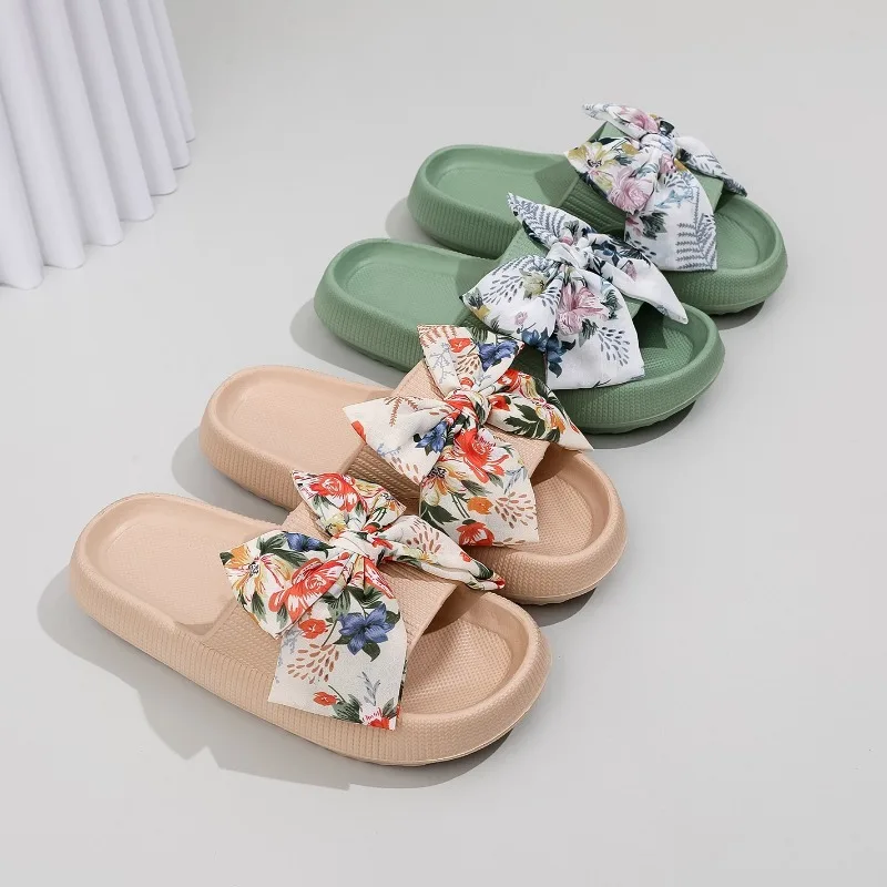 Boho Women Comfort Bow Soft Thick-Soled Cloud Slippers Travel Vacation Beach Shoes New Ladies Sandals