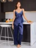 Ensemble pyjama sexy à col en V et dentelle pour femme, haut à bretelles spaghetti et pantalon, vêtements de nuit 2 pièces pour se détendre à la maison