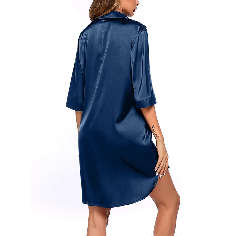 Women Sleeping Shirt Solid Color Half Sleeve Single Breasted Smooth V Neck Loose Nightshirt for Home Wear Satin Silk Sleepwear 2