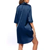 Women Sleeping Shirt Solid Color Half Sleeve Single Breasted Smooth V Neck Loose Nightshirt for Home Wear Satin Silk Sleepwear 2