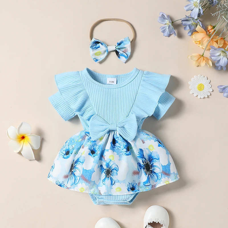 

Комплект из 2 предметов для новорожденных девочек, комбинезон в рубчик с коротким рукавом и оборками и цветочным принтом, платье с милым повязкой на голову, летняя одежда