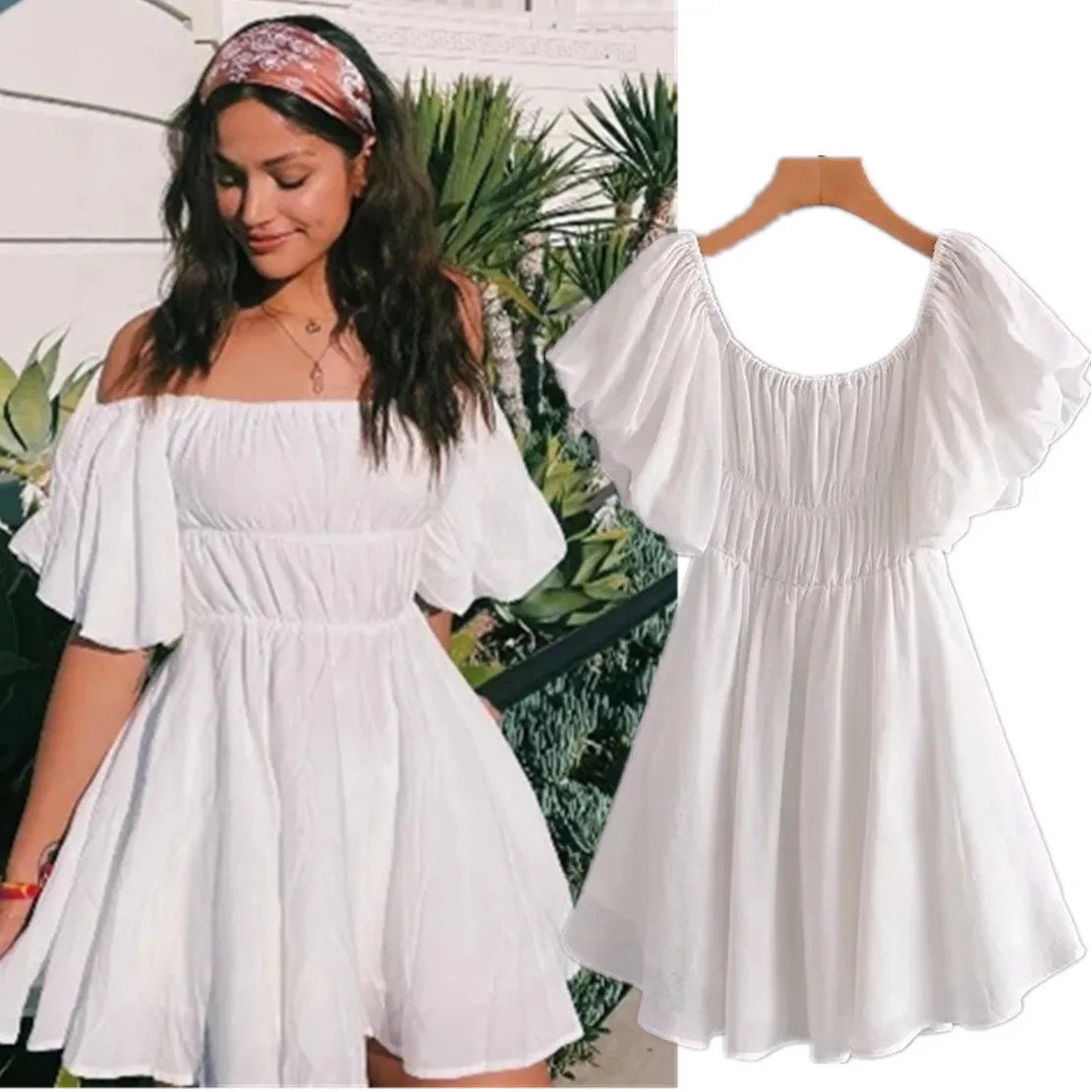 

Elmsk 2023 French Style Vintage Off Shoulder Sexy Mini Dress Women Summer Cascading White Party Dress Women