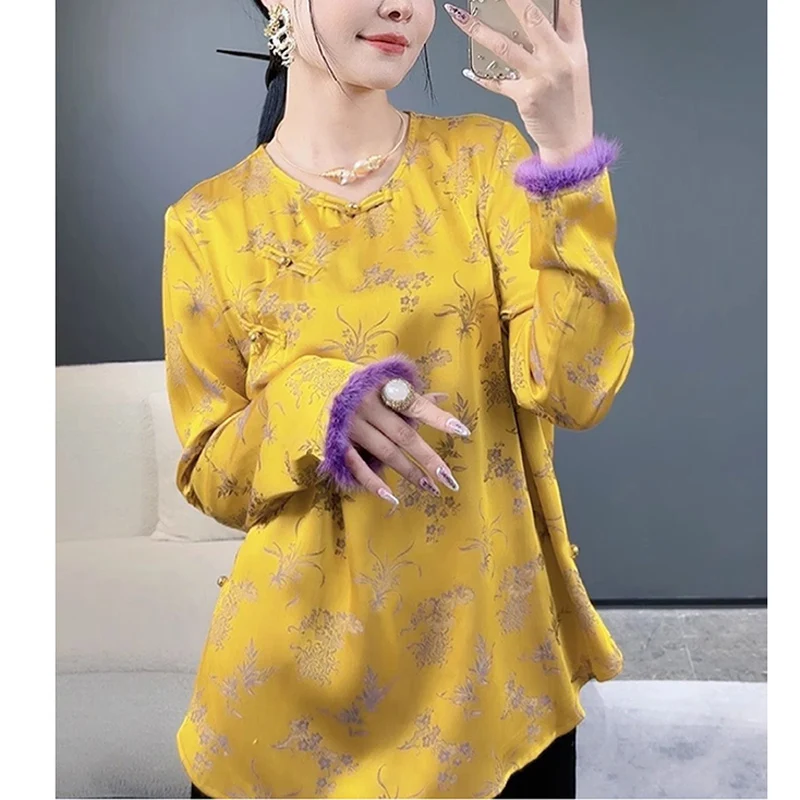 

2023 Autumn/Winter New Chinese Style Diagonal Flap Button Top Women's Precision Jacquard O-Neck Long Sleeve Woman Shirt S-XL