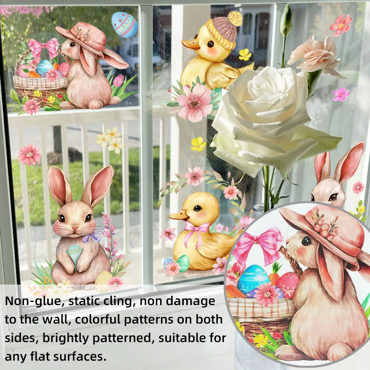 Easter Bunny Window Static Stickers Spring Flowers Living Room Window Glass Stickers Home Decorations Resurrection Day wall stickers wall sticker