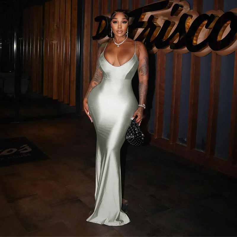 

Spaghetti Straps Women Sexy Slip Long Dress 2023 V Neck Backless Bodycon Maxi Evening Party Dresses Female Clubwear Robes