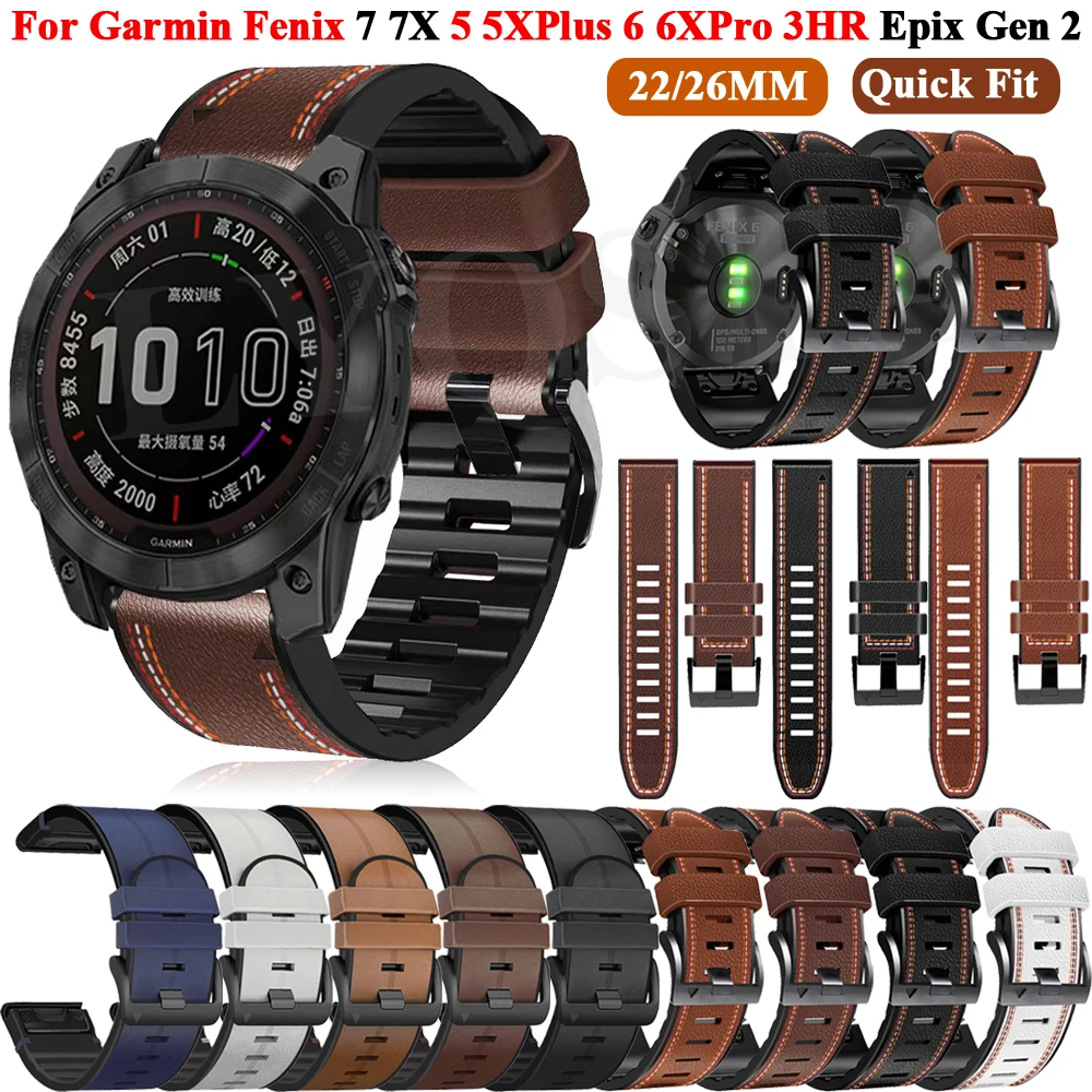 Fenix 6x Garmin Watch Leather Strap 22 26mm Leather Silicone QuickFit Watch  Band Straps For Garmin