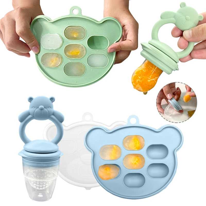 2pcs Bear Set Bites Fruit Feeder Breastfeeding Freezer Tray Food Soup Silicone Freezer Tray Silicone Popsicle Moulds fruit food feeder