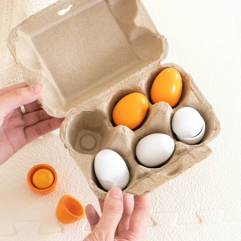 6 pieces simulated wooden egg toy set for children pretending to play with food egg yolk kitchen food children's toys