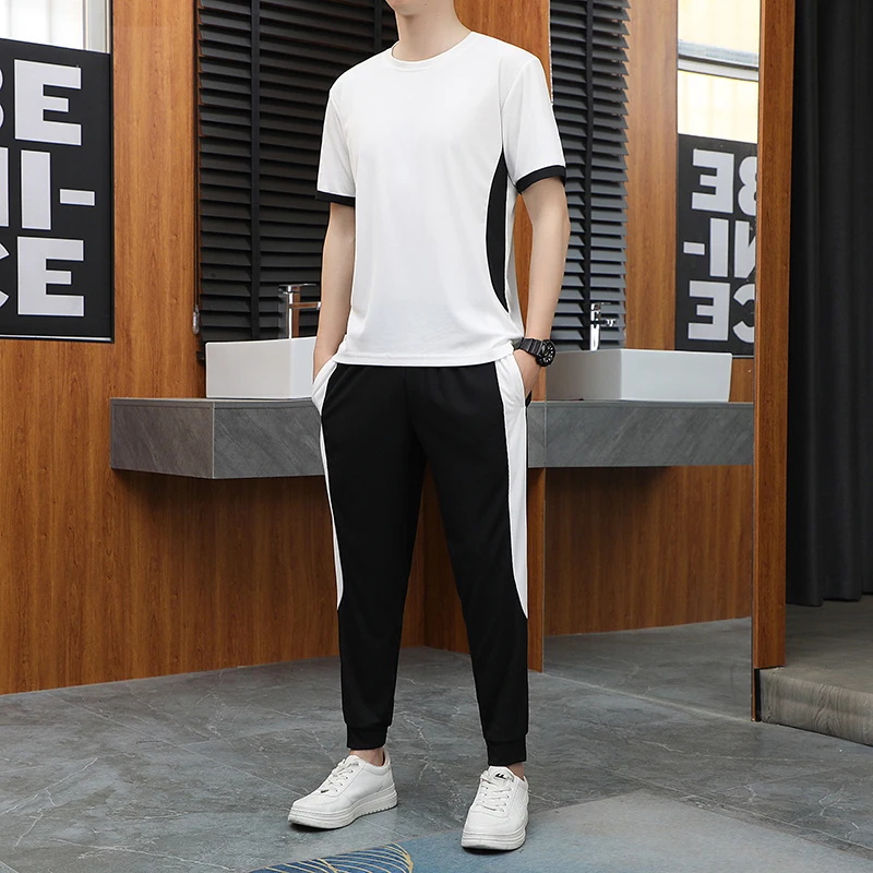 

Мужской спортивный костюм с круглым вырезом, однотонный костюм из 2 предметов, включая футболку с коротким рукавом и брюки