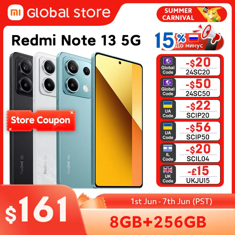 Xiaomi-Smartphone Redmi Note 13, Versão Global, 8GB RAM, 256GB ROM, Dimensão MediaTek, CPU 6080, Câmara 108MP, 120Hz, NFC