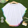 2022 Girl Rainbow Pom Pom Decor Swimsuit Bikini Set Cover Up O Neck Chiffon Beach Dress for Kids Teenagers Summer Swim Beachwear