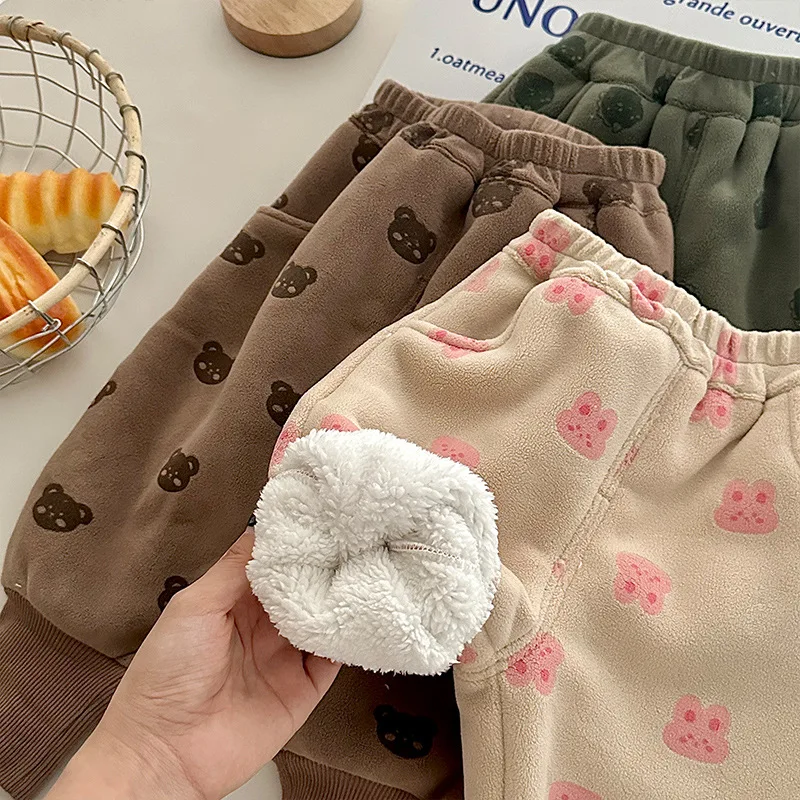 Korean version of autumn and winter cotton cartoon pattern for boys and girls, plush warm loose casual Harlan pants