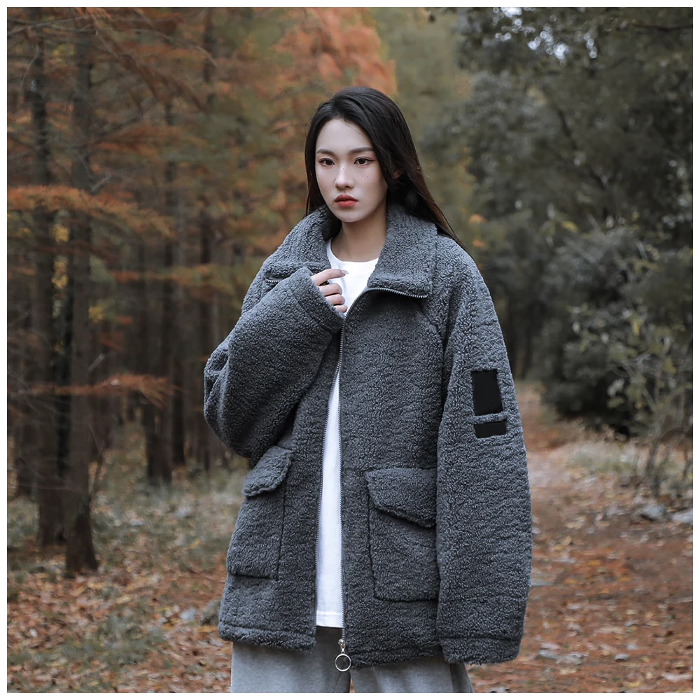 

High-end 1:1 autumn and winter lamb wool both sides can wear stand collar thickened coat cotton-padded lovers