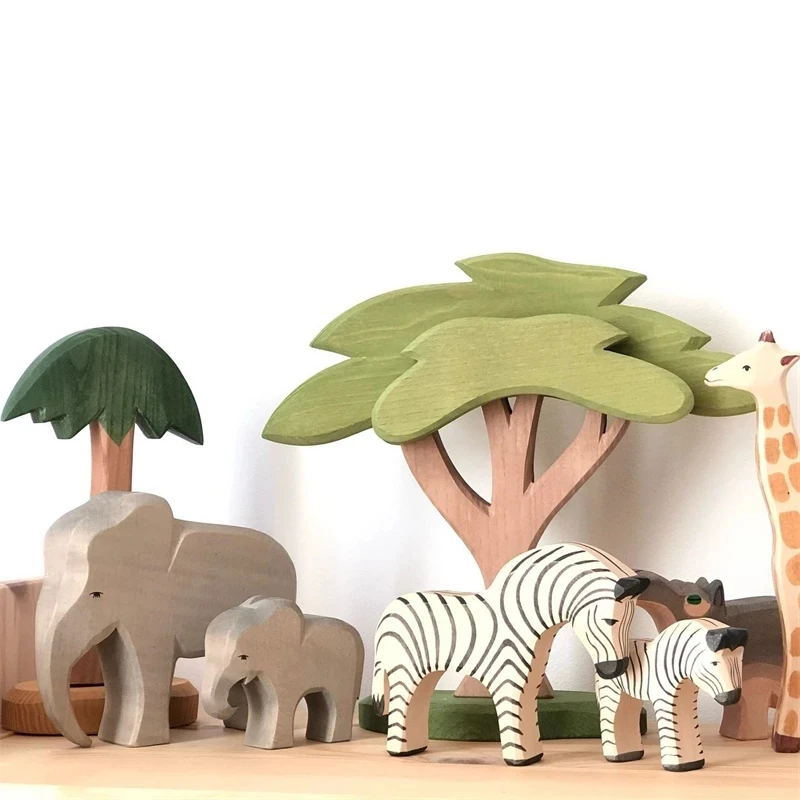 

Wooden Animal Figures Handcrafted Elephant Lion Giraffe Toys Toddler Open Ended Stacking Building Wild Animals Collection Blocks