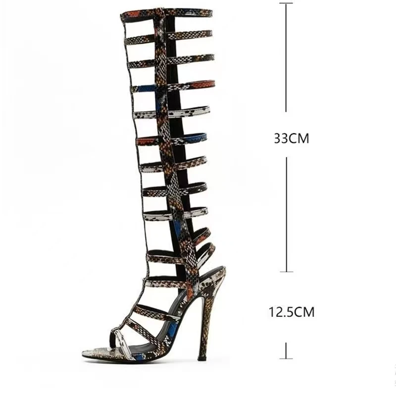 

2022 New Woman Rome Sandal Boots Snake pattern gold Lady Knee High Boots Thin High Heels Stiletto Crystal Summer Shoes Sandalias