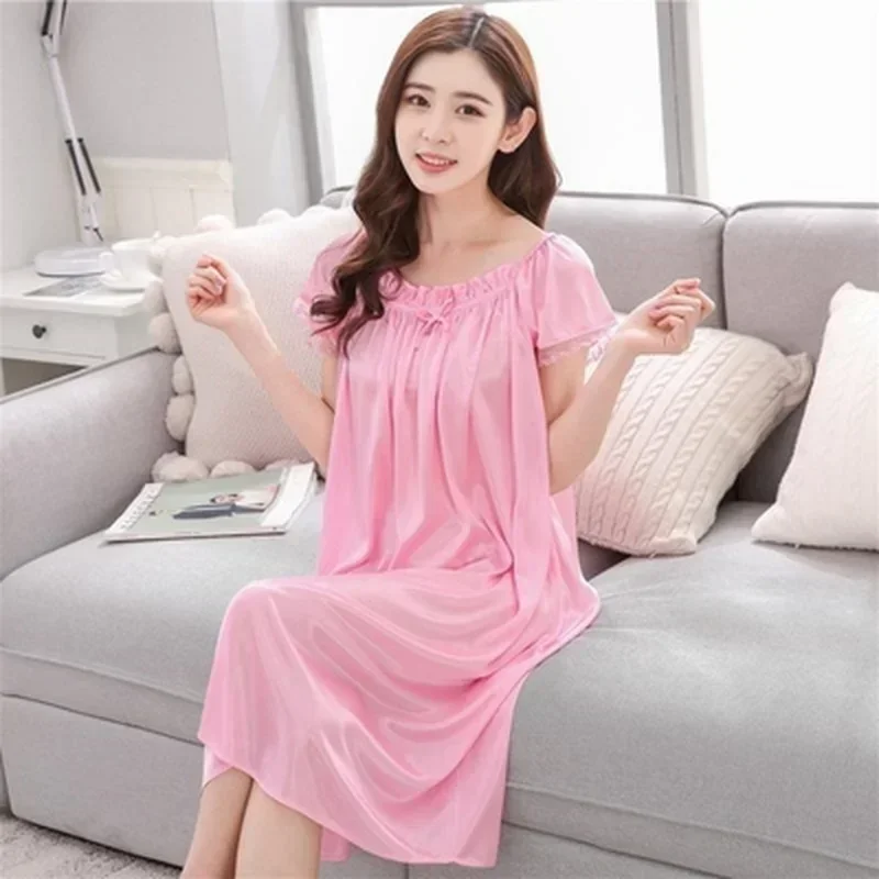 Long Nightdress Short Sleeve Loose Sleepswear New Hot Sexy Summer  Womens Solid Color Sleepshirt Home Clothing Lace Ice Silk