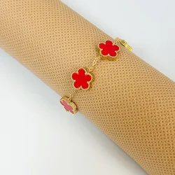Clover Women's Double-Sided Flower Charm Bracelet - Stainless Steel Fashion Jewelry Gift (Red bracelet)