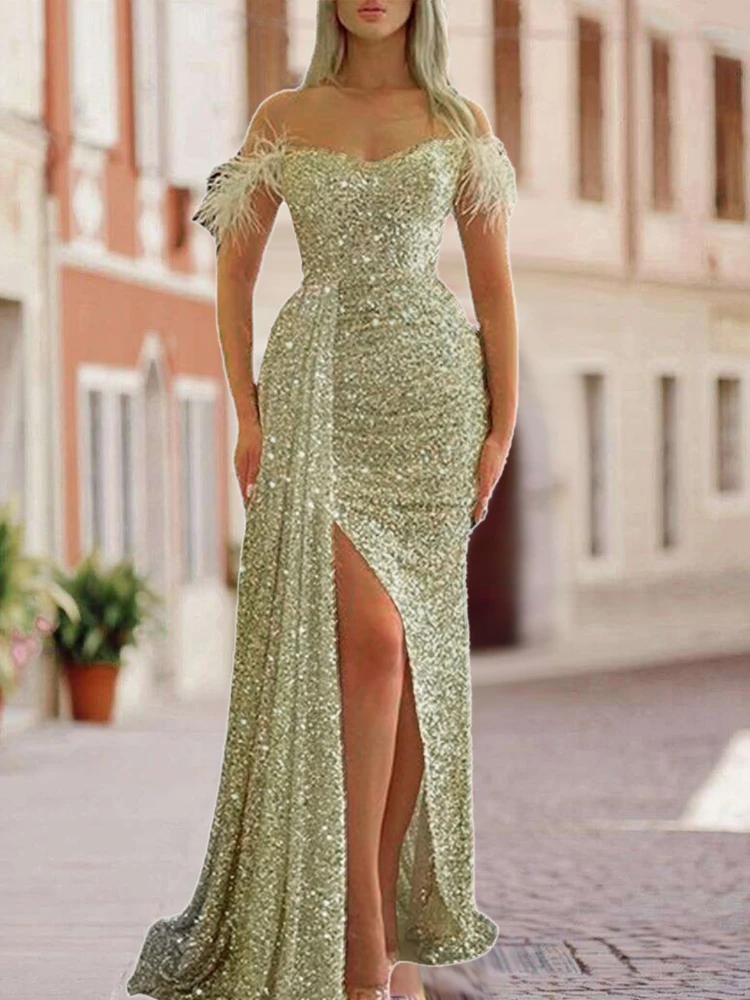 

Ladies Shiny Sequins Feather Splicing Maxi Dress Slit Hem Slim Fit Long Dresses For Women 2023 Cocktail Party Evening Gowns