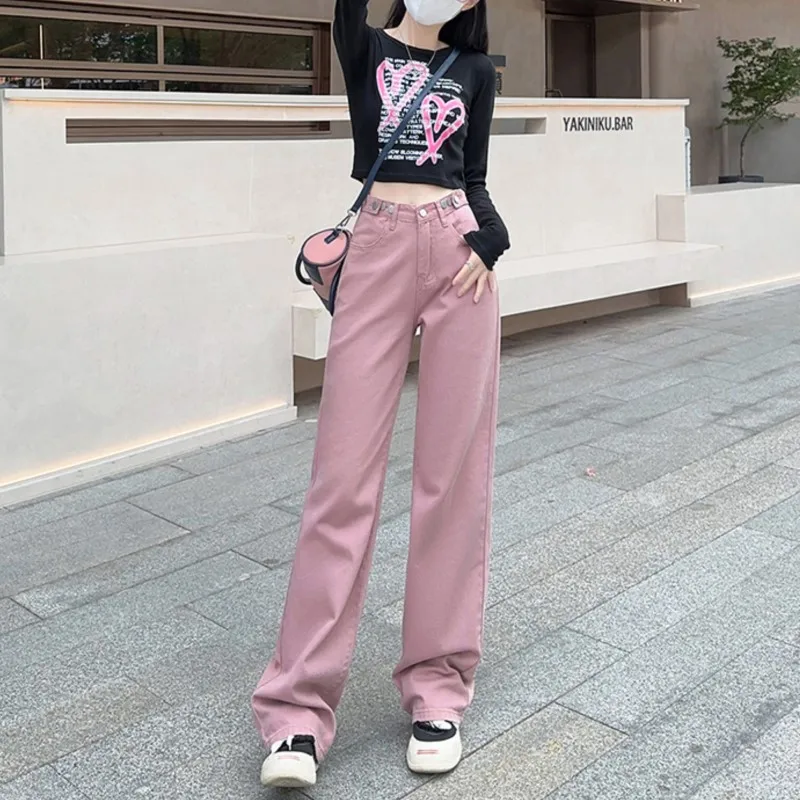 여성용 데님 청바지 디자인 와이드 레그, 느슨한 스트레이트 허리 조절 가능, 단추 패션 브랜드, 신상품 바지
