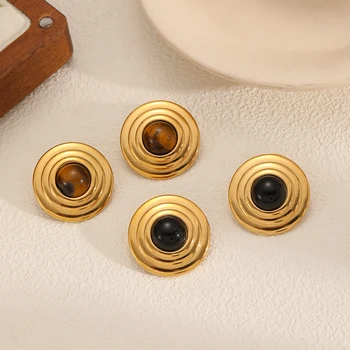2025 New Design Natural Stone Stainless Steel Round Stud Earrings for Women 18k Gold Plated Waterproof Jewelry Gifts