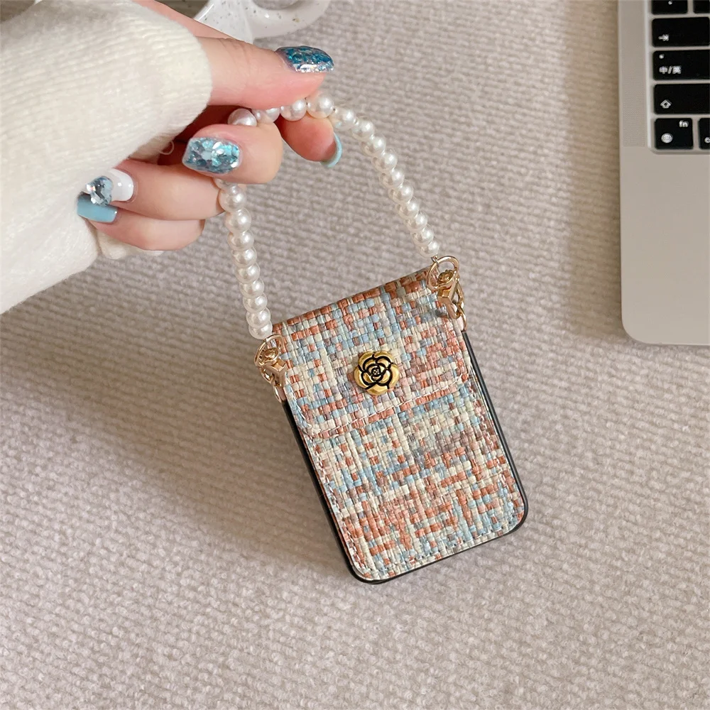 Luxury Woven Texture PU Leather Card Holder Wrist Strap Phone Case