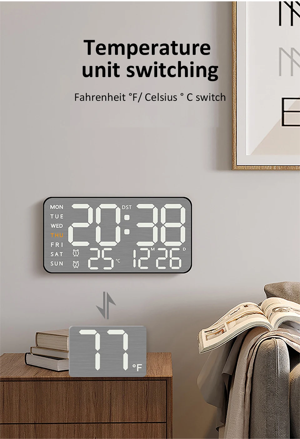 Description Picture 5 of itemCreative Digital Wall Clock Temp Week Display USB Powered Table Clock Wall-mounted Auto Dimmer Dual Alarms Metal Brushed Clocks