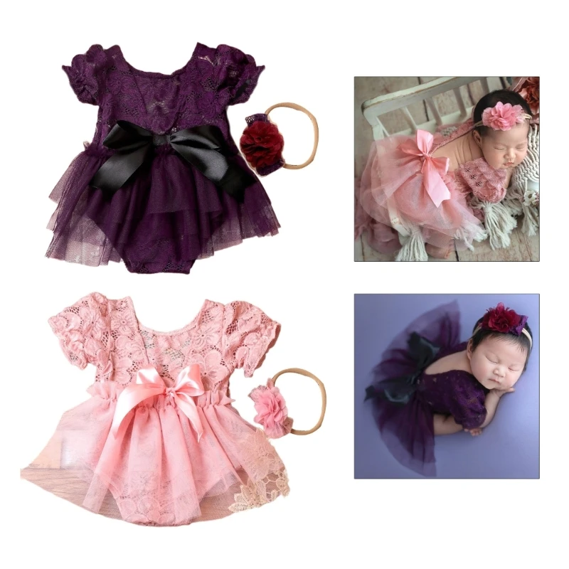 

2pieces Baby Photography Props Lace Dress Flower Headband Photoshooting Outfit