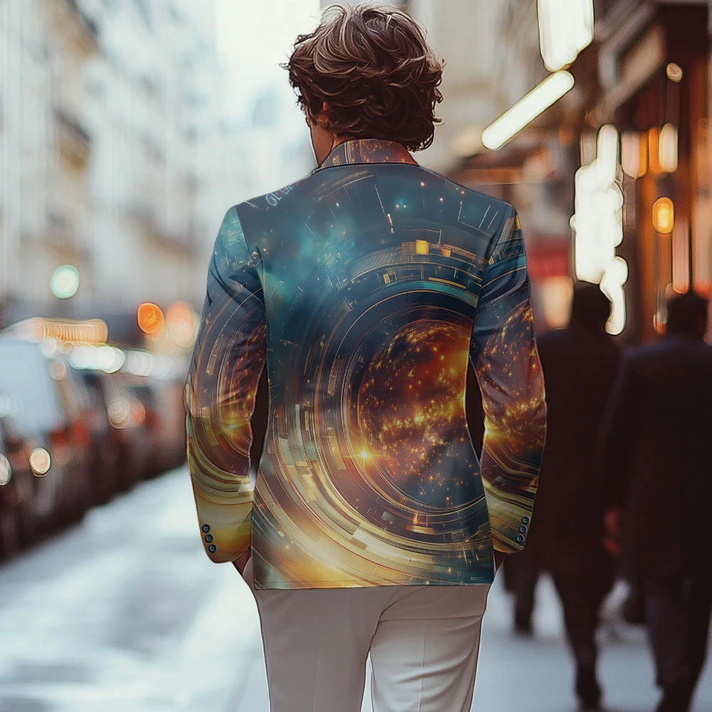 Men's Suit Jacket Autumn Slim Fit One Button Blazer Time Space City Light Fashion New Casual England Male Dress Coat