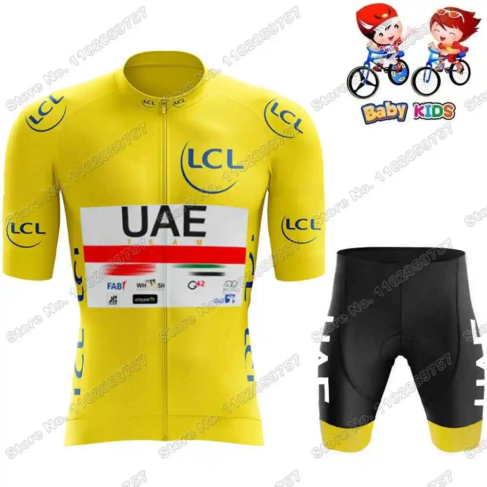2025 Kids UAE Team Cycling Jersey Set Boys Girls France TDF Cycling Clothing White Yellow Tadej Pogacar Children Road Bike Shirt 3