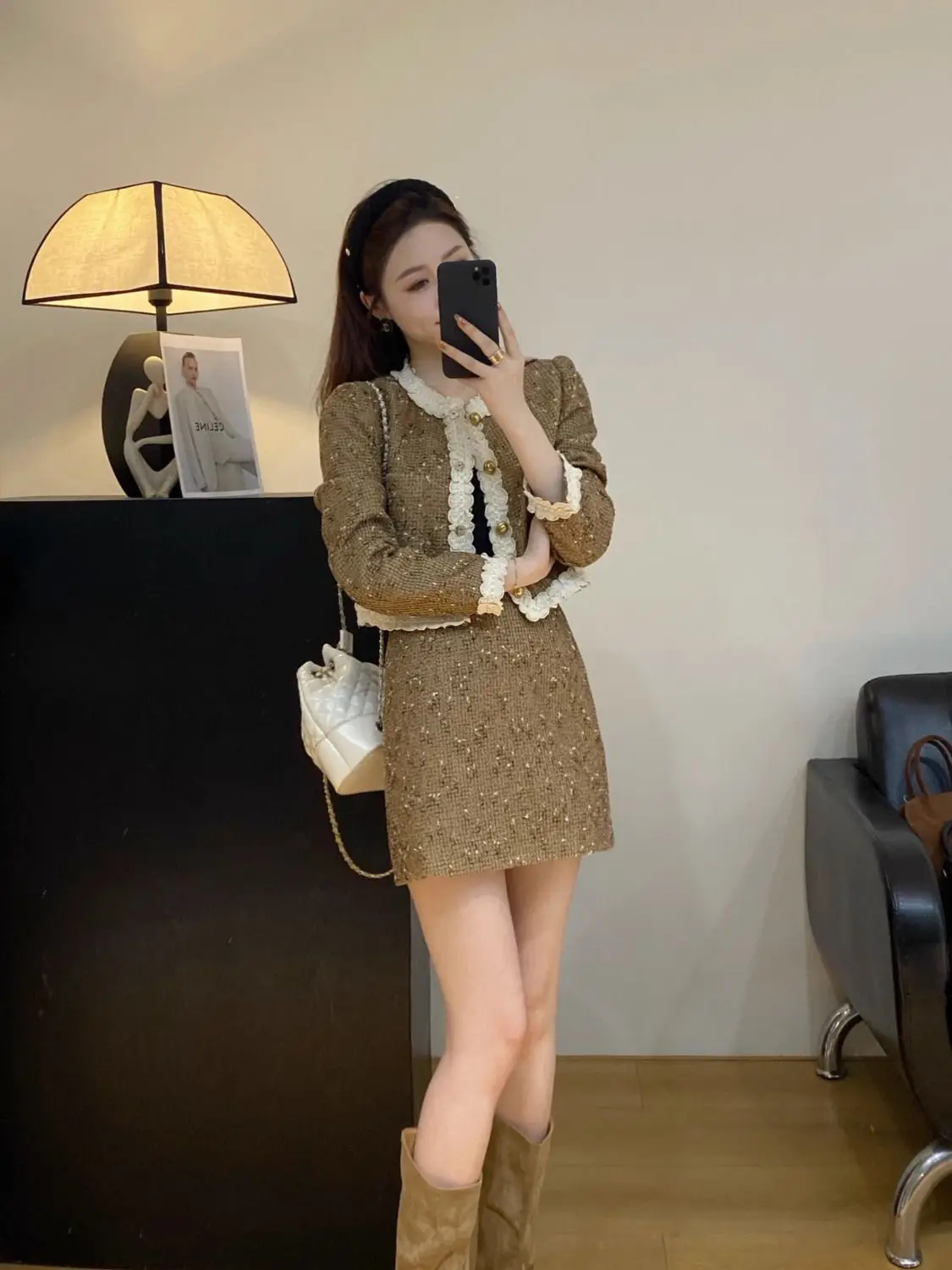 

UNXX Elegant Tweed Jacket and Skirt Set Women 2023 New Autumn High Waist A-line Skirt Suit Vintage Tweed Jacket and Skirt Set