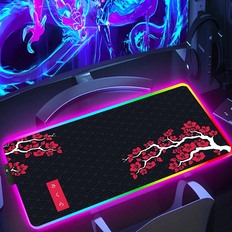

Sakura Red Japanese Gaming Mousepad RGB Gamer Colorful Mousemat Backlit Mouse Mat XXL Mouse Pad Pc Computer Keyboard Desk Pads