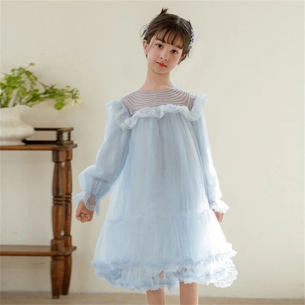 

Fashionable Girl's Dress Pearl Mesh Fluffy Skirt Children's Long Sleeved Dress Petal Sleeve Princess Skirt 6604