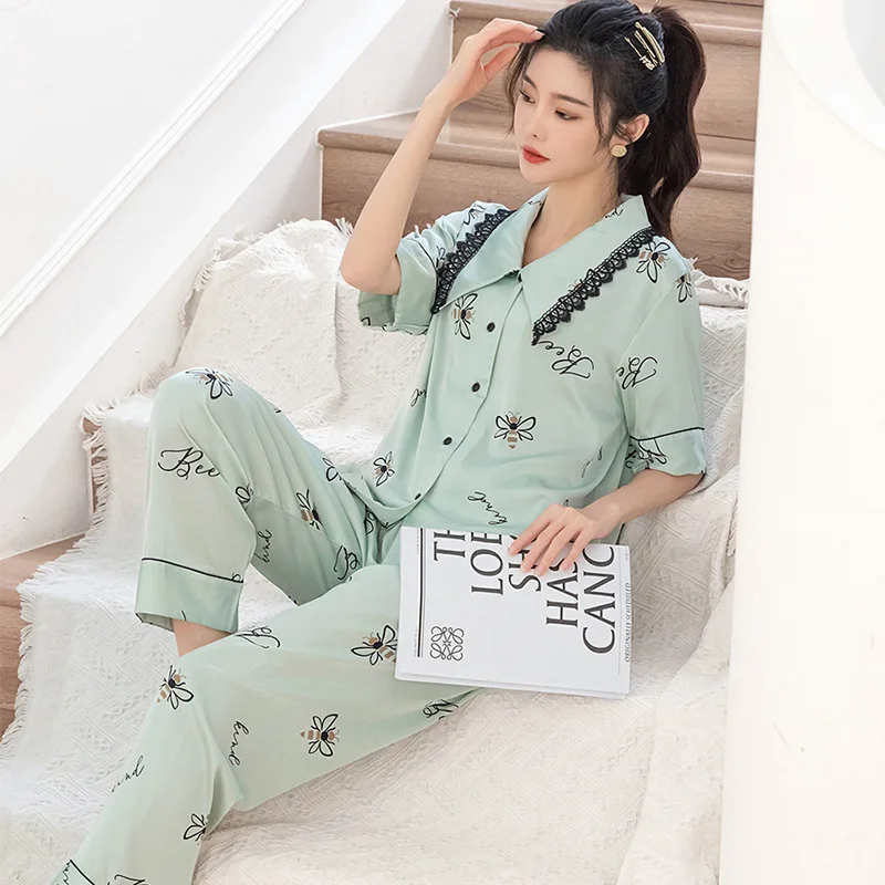 ladies pajama New ice silk pajamas women's high-end thin short-sleeved trousers silk lace pajamas for women cotton pjs