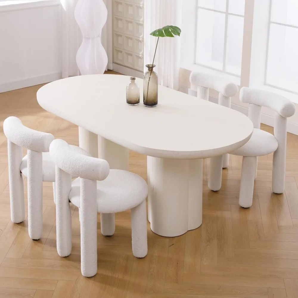 Modern Boucle Dining Chairs Set of 4, Sherpa Fabric Upholstered Barrel Dining Chairs Armless Curved Back Accent Chairs 5