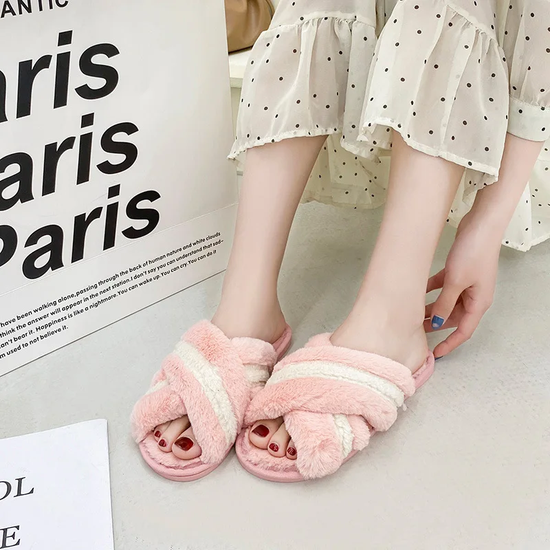 Color matching cross plush slippers women's indoor plush flat open toe cotton slippers BF10