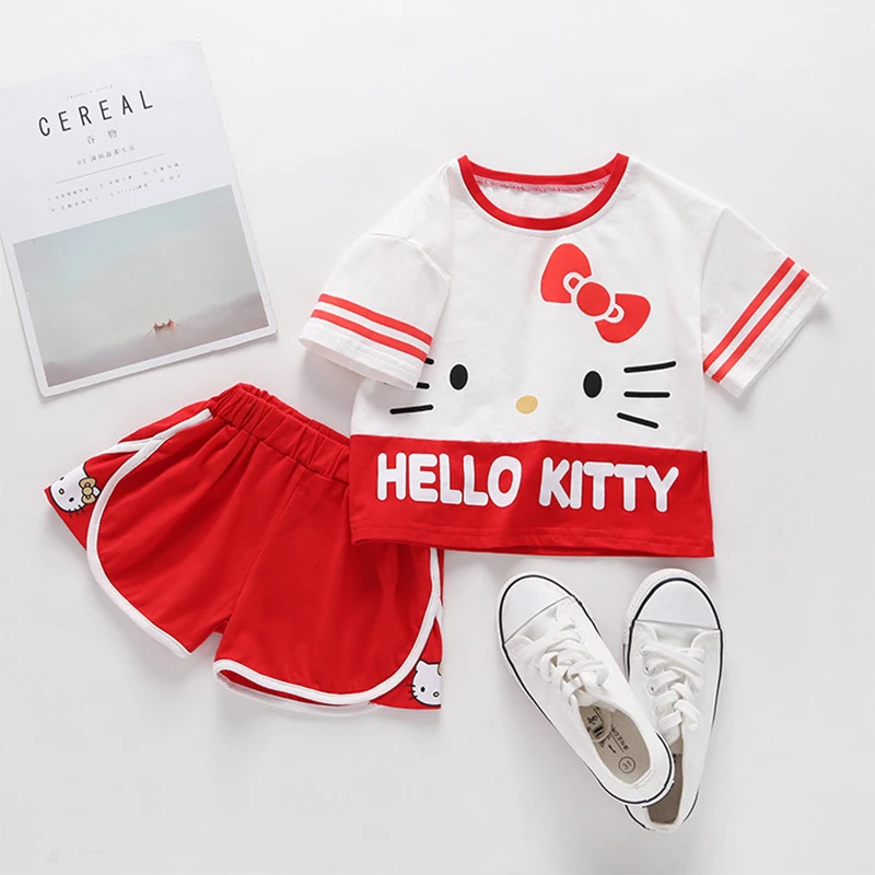 

Summer Children T Shirt Pants Set Hello Kitty Anime Kawaii Sanrio Print Short Sleeve Cute Cartoon Clothing Gifts for Kids