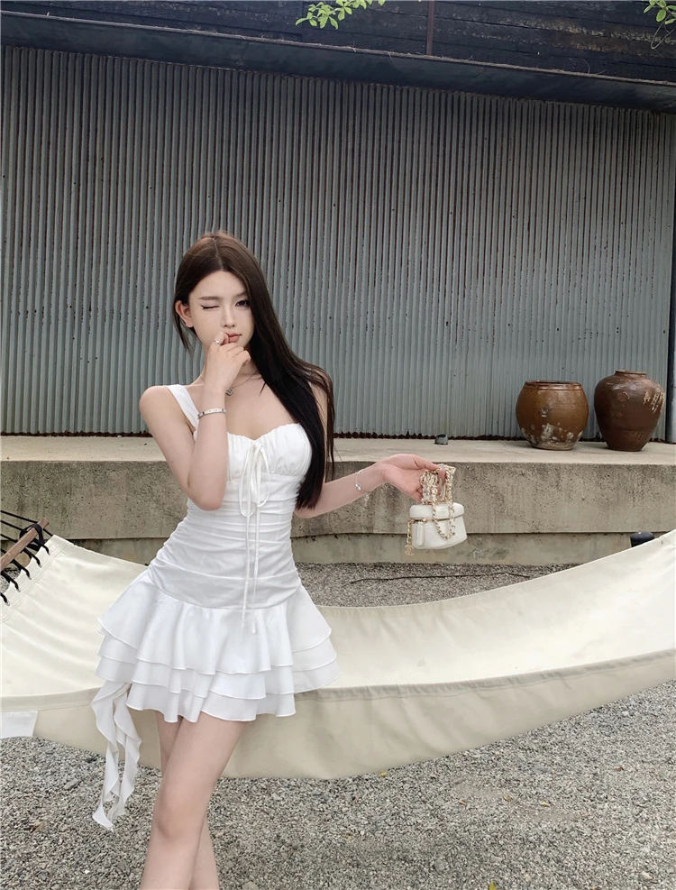 Summer New Holiday Beach Style Short Dresses for Women Spaghetti Strap Ruffles A-line Birthday Party Dress Korean Chic Vestidos