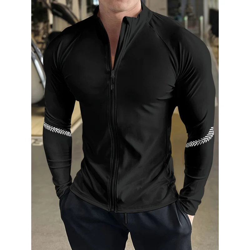 빠르게 건조되고 편안한 남성용 스탠드 칼라 지퍼업 긴팔 스포츠 재킷 코트, 자외선 차단 및 야외 활동용