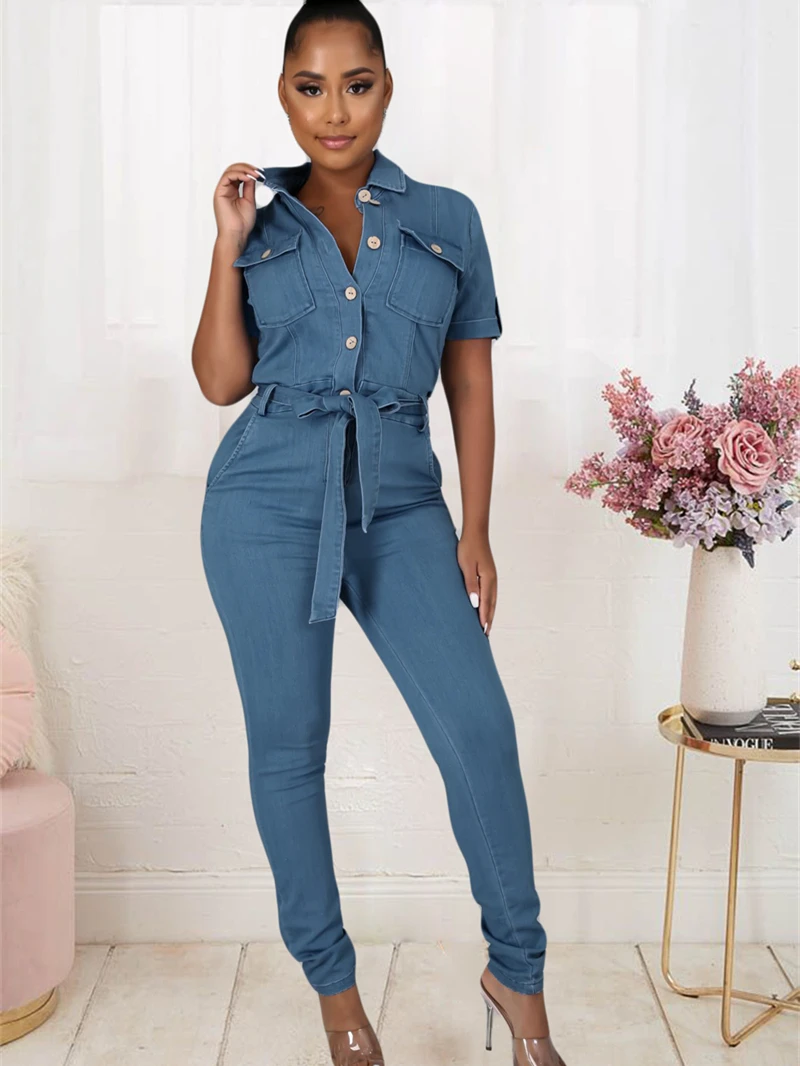 

Fashion Jean Jumpsuits for Women Summer Y2K Clothing Short Sleeve Bodycon Denim Rompers Playsuits One Piece Set Overalls Outfits