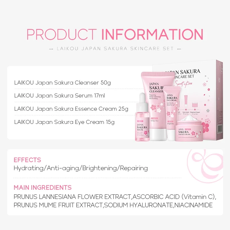 LAIKOU Sakura 4pcs/Set Skin Rejuvenating Serum Lighten Blemishes Moisturizer Fade Dark Circle Eye Cream