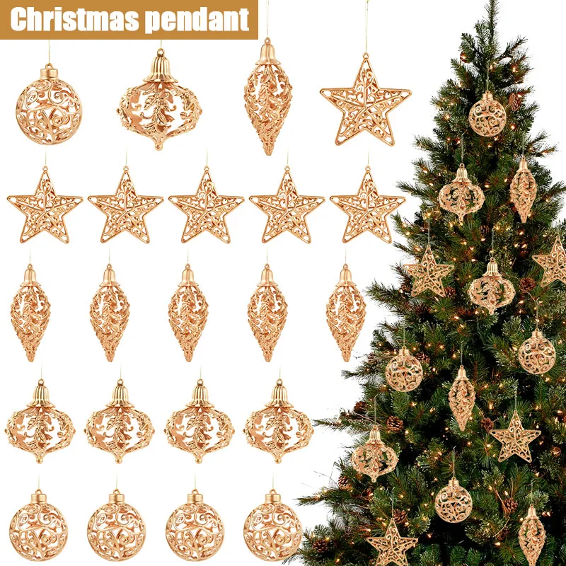 4/8Pcs Christmas Ball Ornaments Gold Hollow Star Pendant Christmas Tree Hanging Decoration for Home 2025 New Year Navidad Gifts