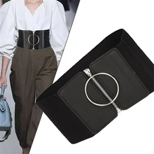 

Women Ultra Wide Belt for Dresses Ladies Elastic Belts Female Big Metal Circle Ring Coat Sweater Leather Belt Black Waist Straps