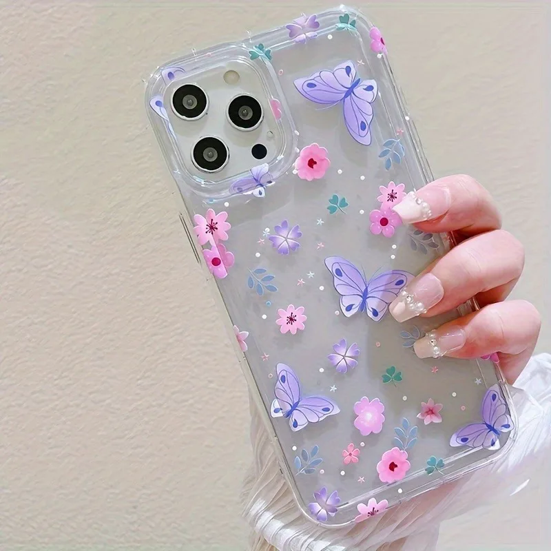 Elegant Pink & Purple Butterfly Floral Transparent Anti-Drop TPU Phone Case - Ideal Gift for Holidays & Special Occasions