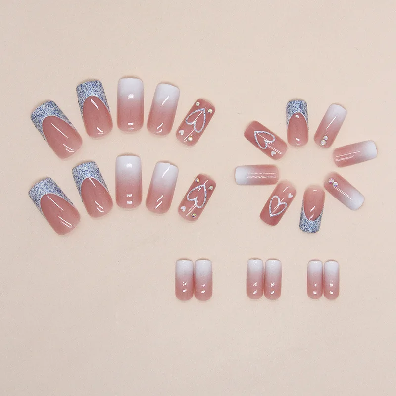 Fake Nails French Nails False Nails 24 PCs Short Gradient Love Nails 1 Jelly Gel 1 Nail File