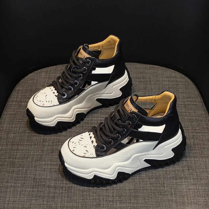

Genuine Leather Women's Shoes Summer Hollow Out Breathable Vintage Thick-soled Sneakers Lightweight Increase Leisure Ladies Shoe
