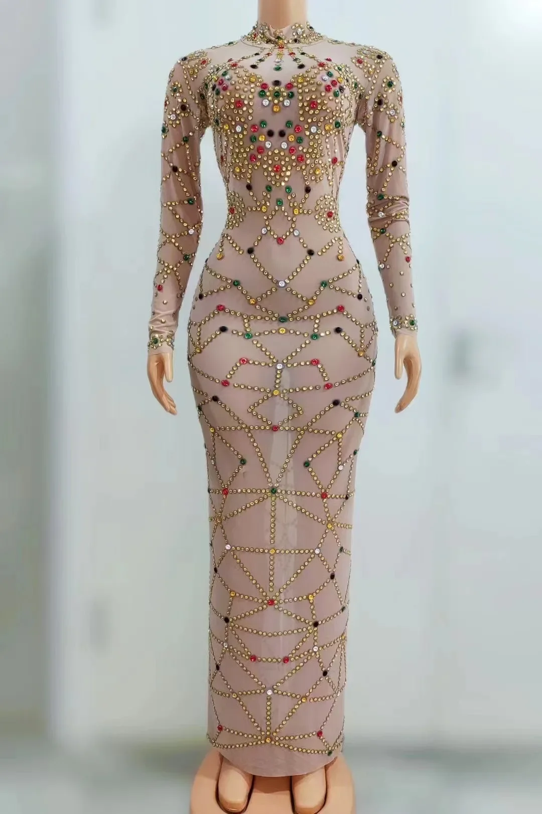 

Sexy Multi-color Rhinestones Transparent Long Dress Birthday Celebrate Outfit Evening Women Dance Show Photo Shoot Dress