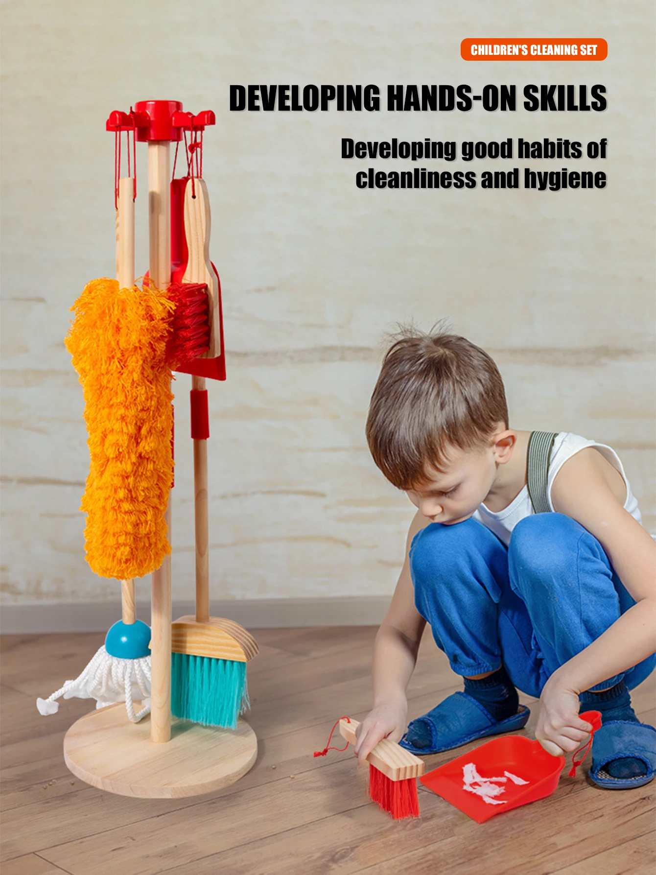 Montessori Wooden Cleaning Set Toy Broom Mop Set Little Boy Girl Simulated Children's Cleaning Tool Exercise Self-care Ability 2