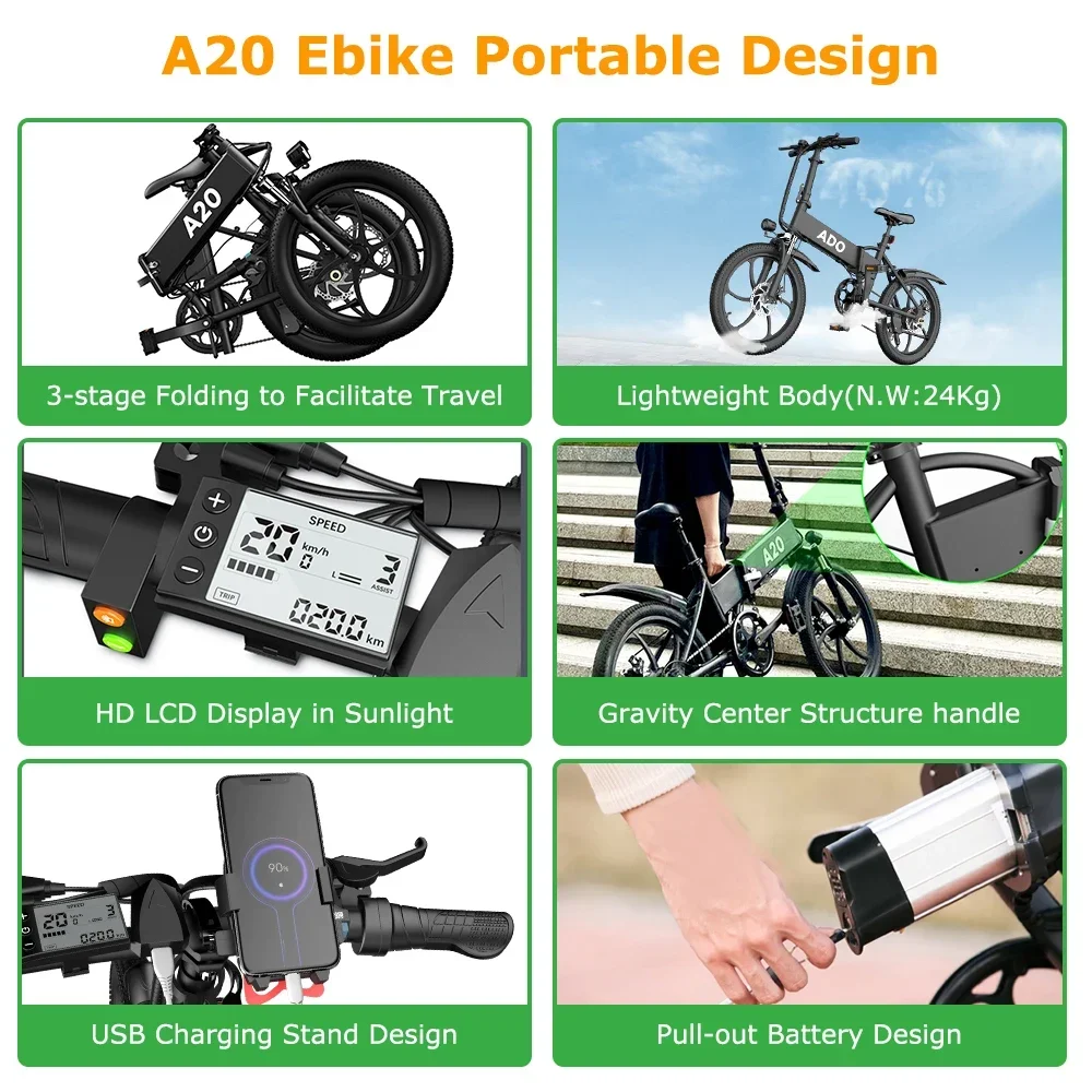 Foldable Electric Bicycle 20'' Tire E bike 350W DC Motor Ebike 35km/h 80KM Range Removable Battery