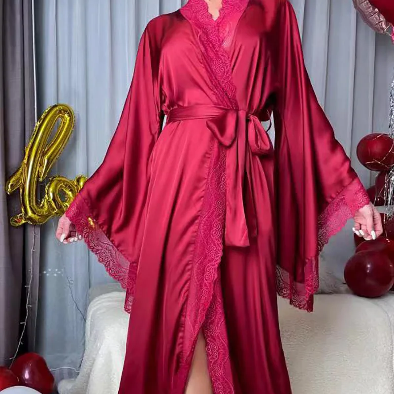Satin Pajamas Women Lace Light Luxury Long Sleeve Cool Feeling Robe Bathrobe Homewear Women's Feeling Comfortable