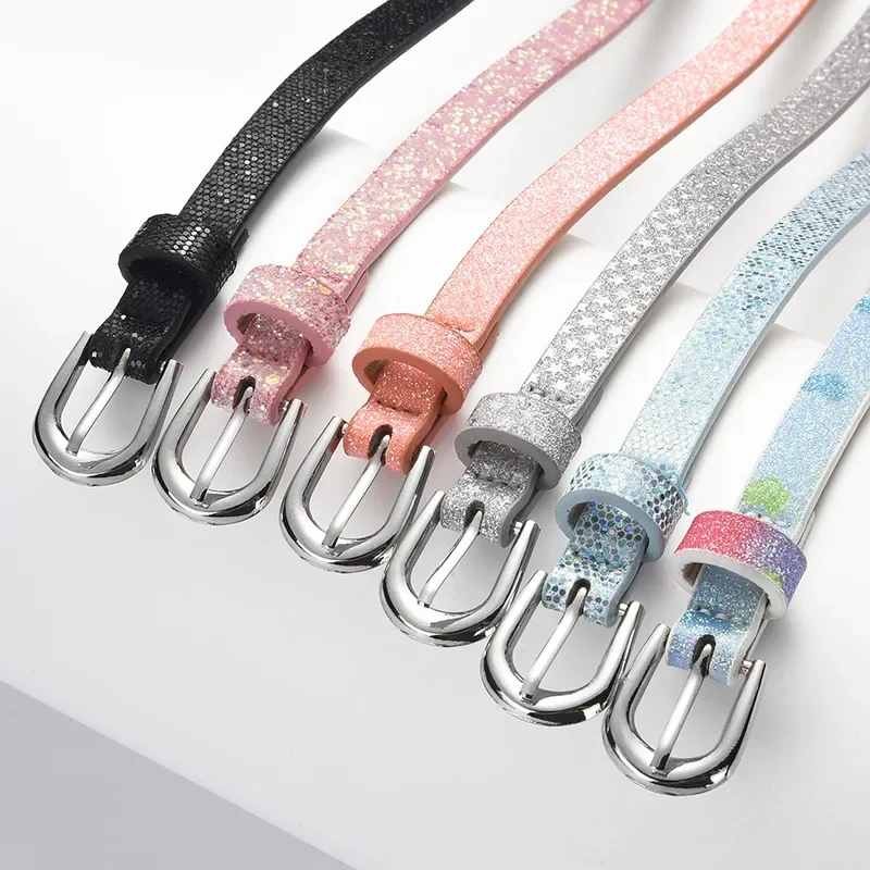 Beautiful Shiny Fish Scale Pattern Belts for Children 90cm Shimmering Powder PU Belts Girl Student children belt
